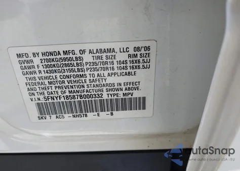 2007 Honda Pilot Ex-L from USA, damaged, VIN 5FNYF18587B000332